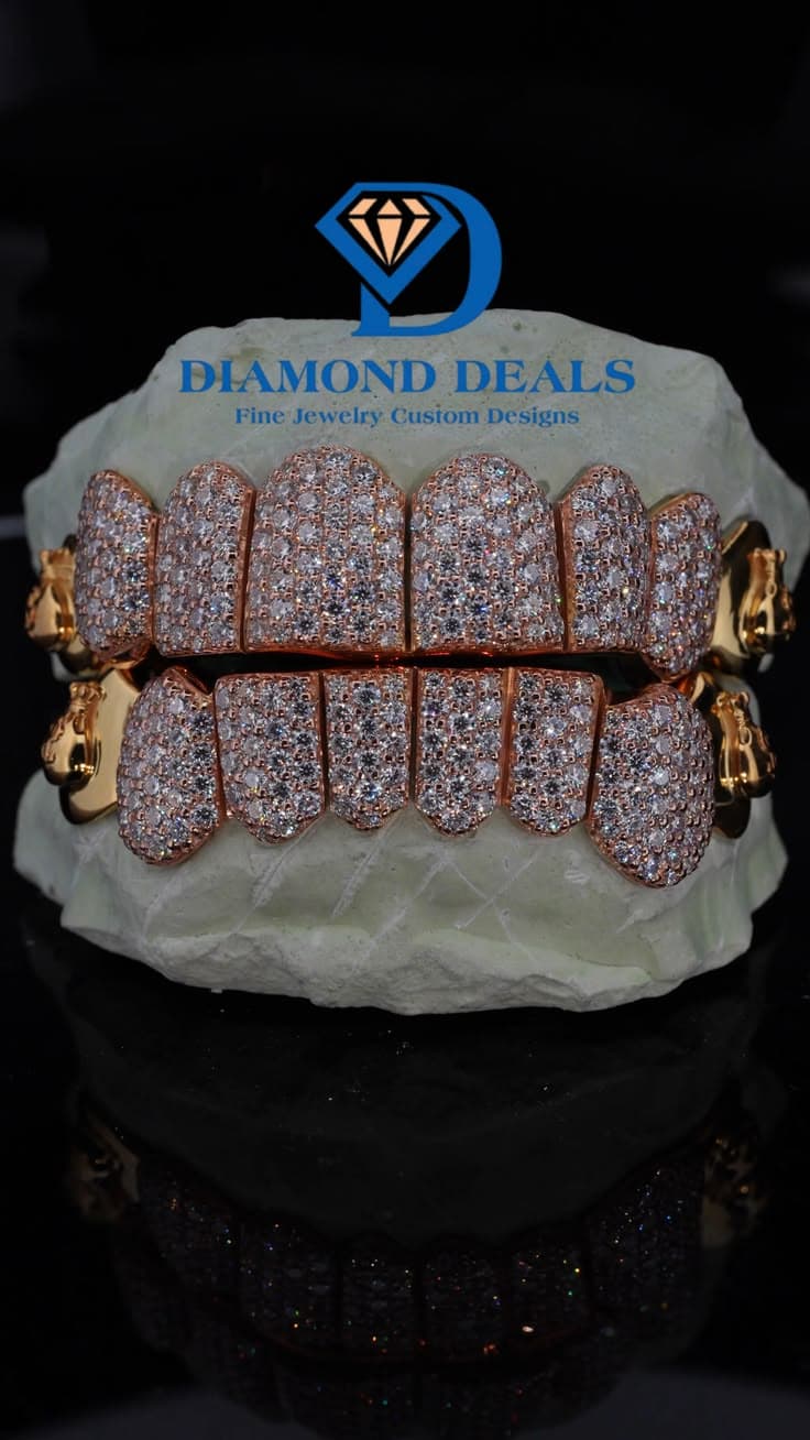 Rose Gold 8 Top 8 Bottom Money Bag Grillz Set On Cap