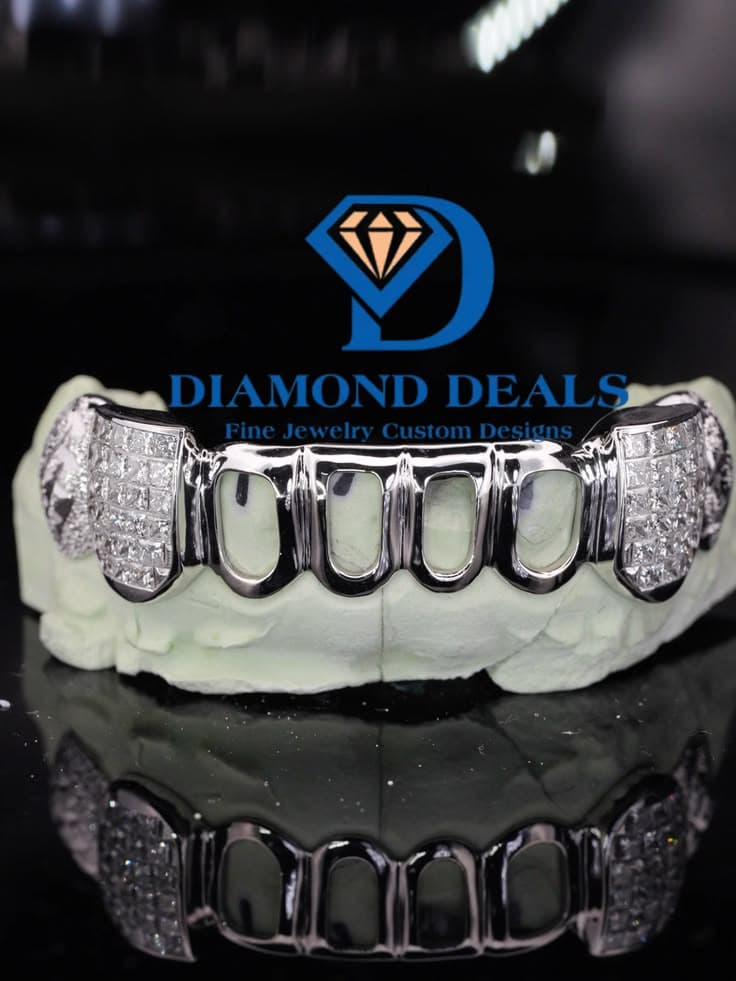 8 Bottom Open Face Grillz with Princess Cut Diamond Caps & Diamond Cut Side Caps