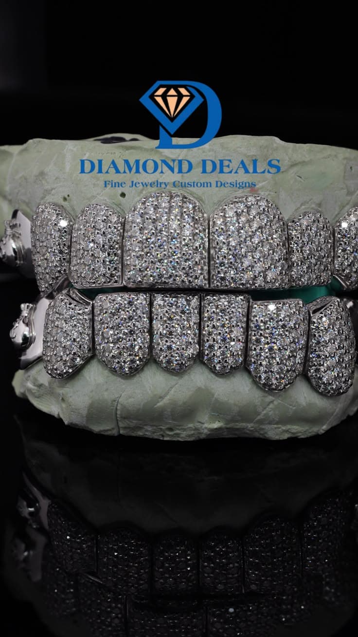 White Gold 8 Top 8 Bottom Money Bag Grillz Set On Cap