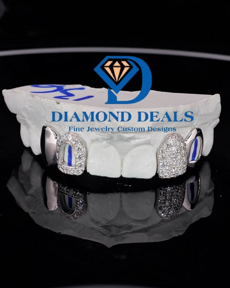 4 Top Custom Open Face Silver Base Pavé Grillz