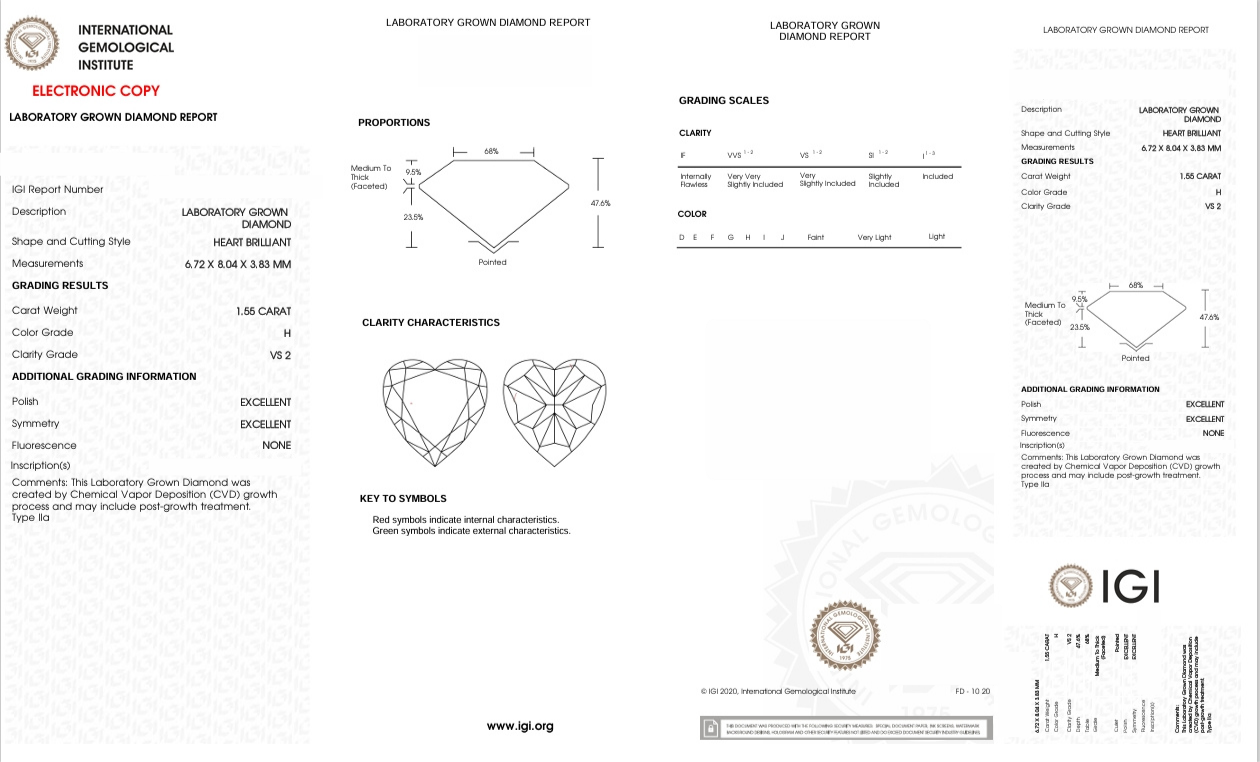 DHT101 - X-92-244 Heart Diamond IGI Lab- Grown  1.55 Carat