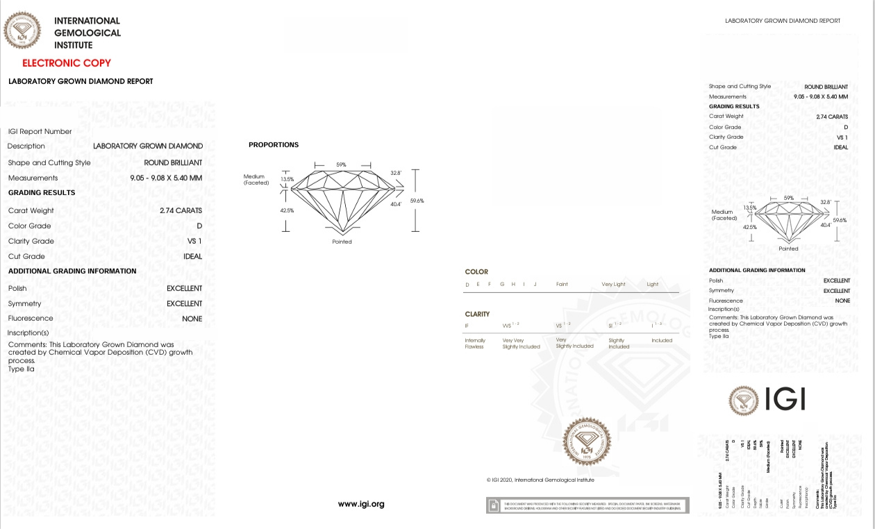 DR105 - X-112-029 Round Diamond IGI Lab-Grown 2.74 carat