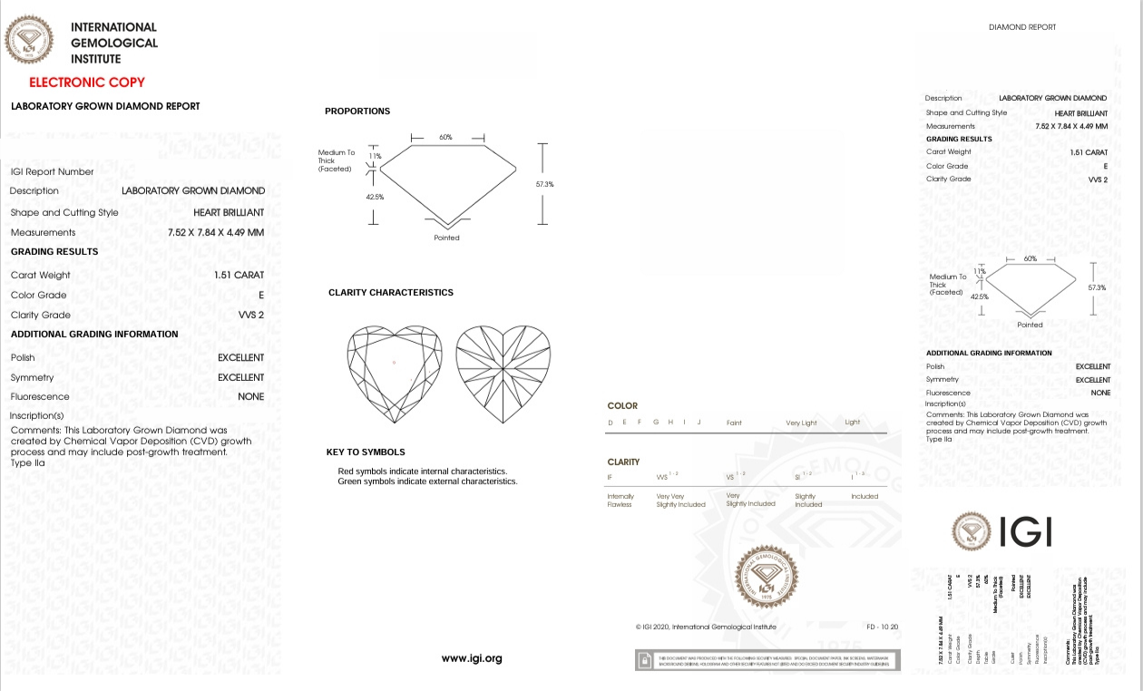 DHT106 - X-105-465 Heart Diamond IGI Lab- Grown  1.51 Carat