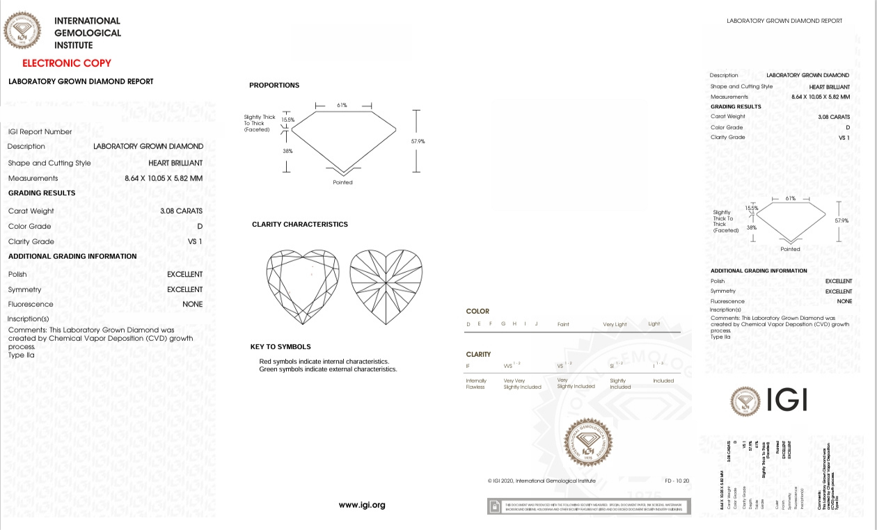 DHT10 - X-115-363 Heart Diamond IGI Lab- Grown  3.08 Carat