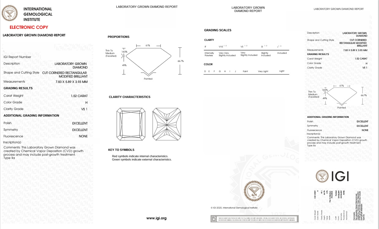 DRT114 - X-63-068 Radiant Diamond IGI Lab - Grown 1.52 Carat