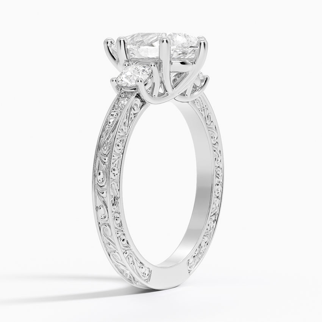 DDRG16 - Antique Scroll Three Stone Trellis Diamond Engagement Ring