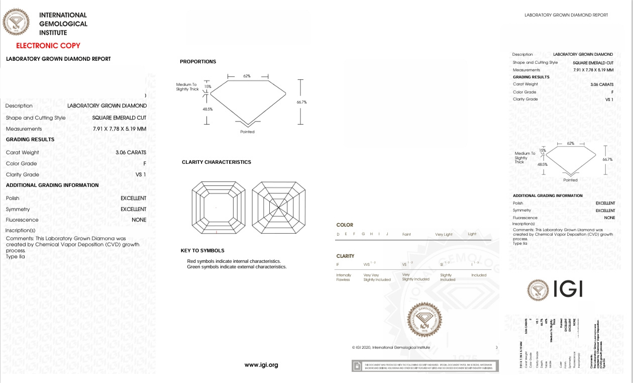 DAR17 - X-114-258 Asscher Diamond IGI Lab- Grown 3.06 Carat