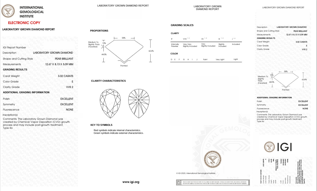 DPR18 - X-98-528 Pear diamond IGI Lab-Grown 3.02 Carat
