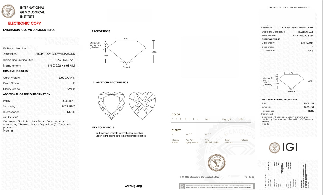 DHT19 - X-113-452 Heart Diamond IGI Lab- Grown  3 Carat