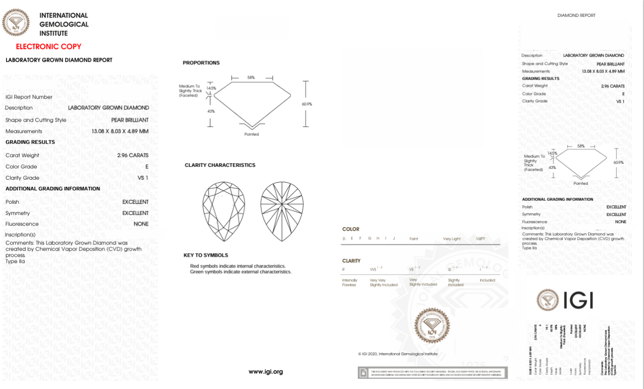 DPR21 - X-113-054 Pear diamond IGI Lab-Grown 2.96 Carat