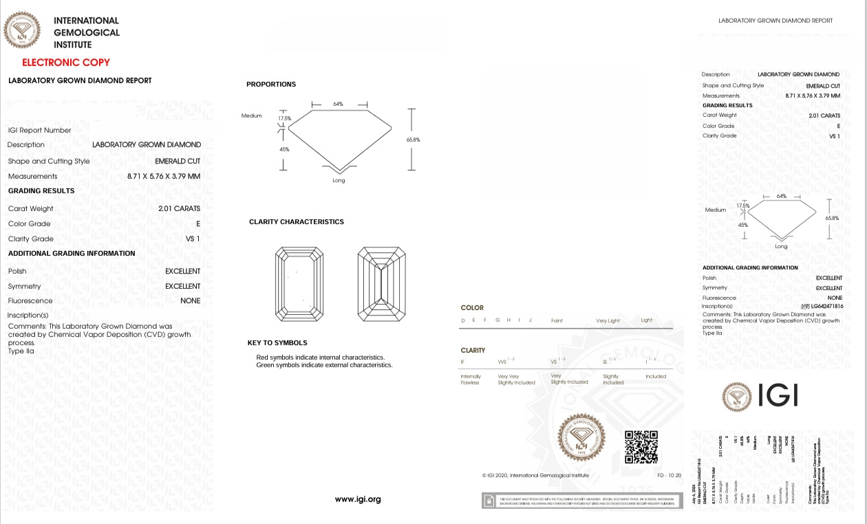 DE222 - X-105-162 Emerald Diamond IGI Lab - Grown  2.01 Carat