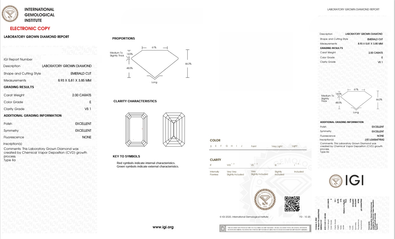 DE236 - X-116-160 Emerald Diamond IGI Lab - Grown  2 Carat