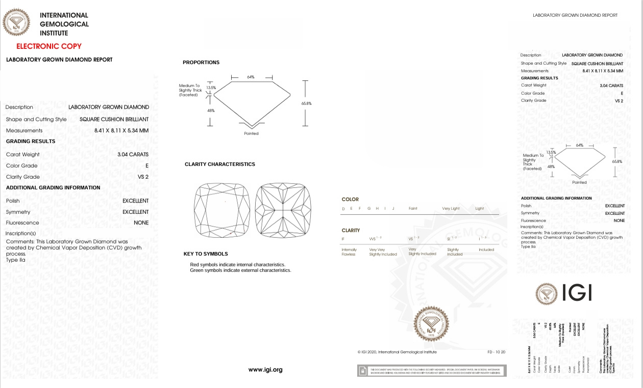 DCS26 - X-112-207 Cushion-S diamond IGI lab - Grown 3.04 Carat