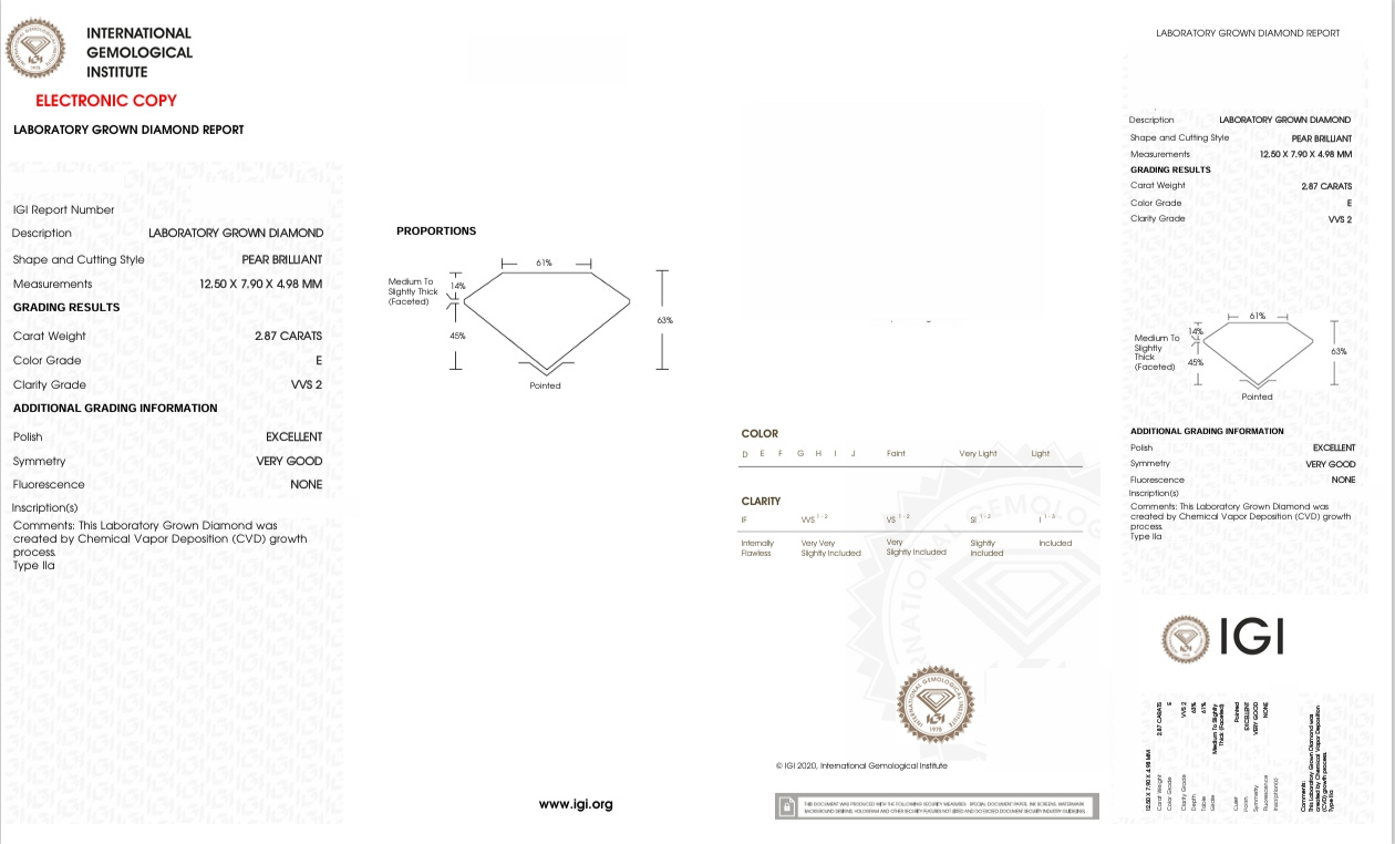 DPR27 - X-112-124 Pear diamond IGI Lab-Grown 2.87 Carat