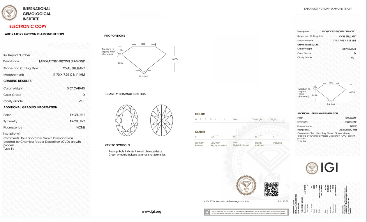 DO29 - X-117-184 -  Oval Diamond IGI - Lab Grown 3.07 Carat