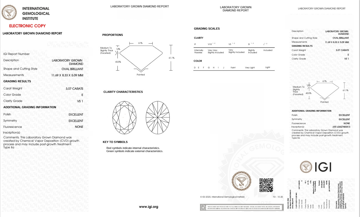 DO30 - X-98-564 -  Oval Diamond IGI - Lab Grown 3.07 Carat