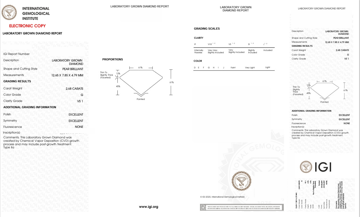 DPR38 - X-91-304 Pear diamond IGI Lab-Grown 2.68 Carat