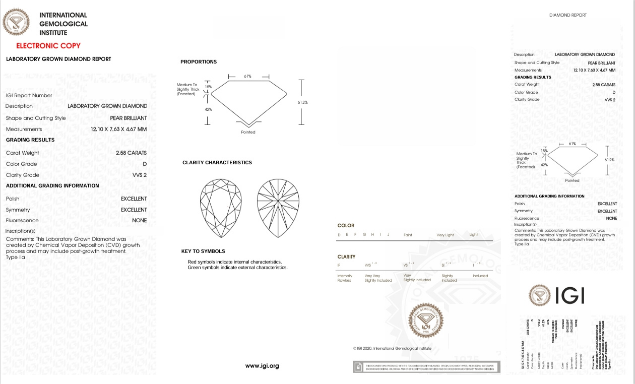 DPR42 - X-98-191 Pear diamond IGI Lab-Grown 2.58 Carat