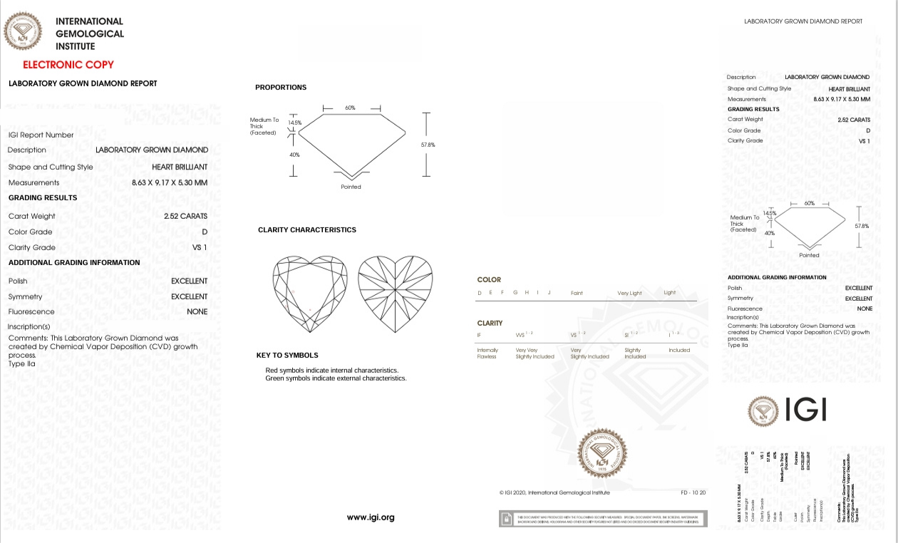 DHT52 - X-112-050 Heart Diamond IGI Lab- Grown  2.52 Carat