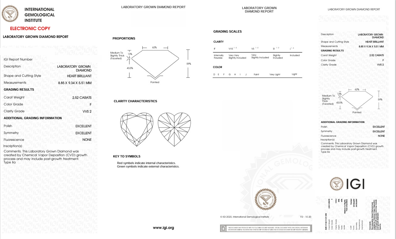 DHT55 - X-95-475 Heart Diamond IGI Lab- Grown  2.52 Carat