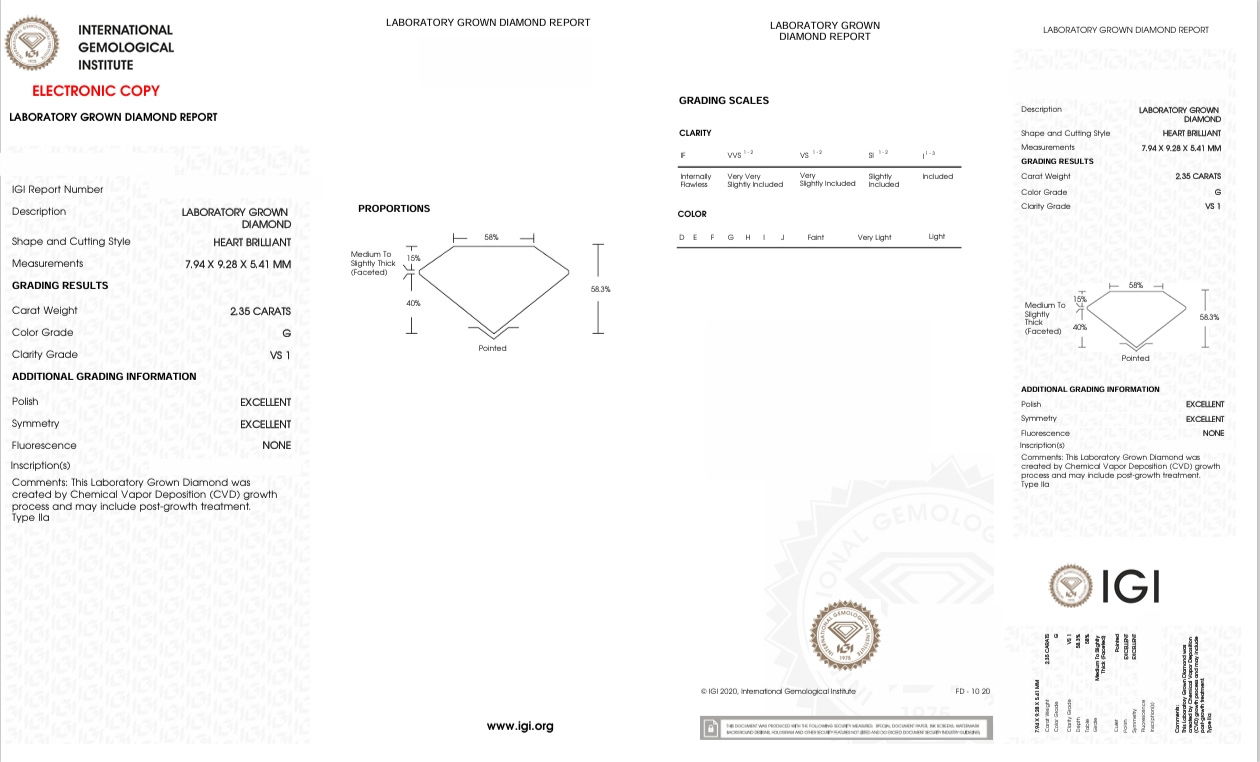 DHT60 - X-94-399 Heart Diamond IGI Lab- Grown  2.35 Carat