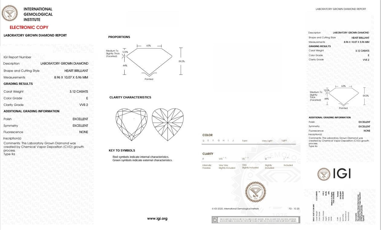 DHT6 - X-115-366 Heart Diamond IGI Lab- Grown  3.12 Carat