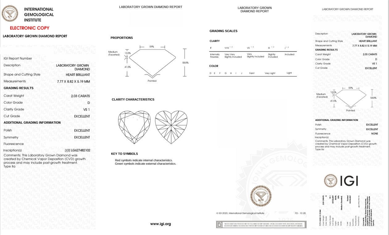 DHT81 - X-95-620 Heart Diamond IGI Lab- Grown  2.03 Carat