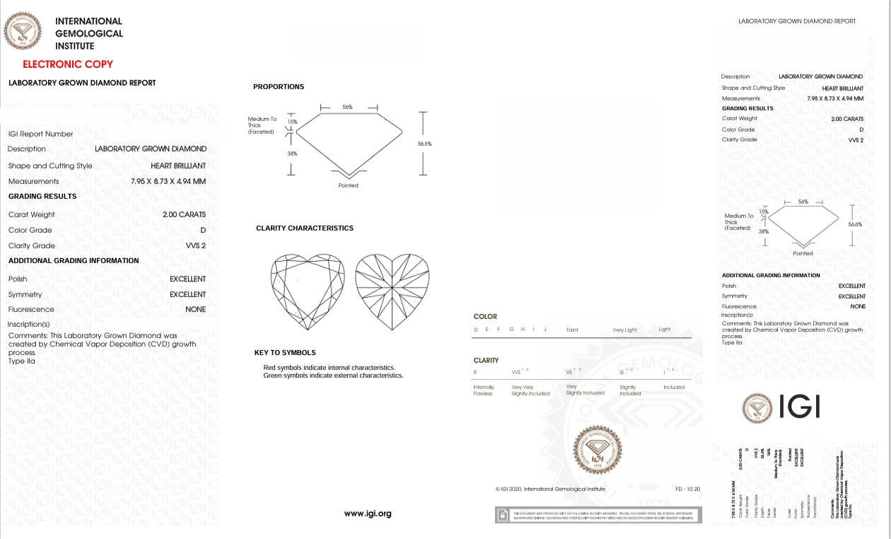 DHT86 - X-115-356 Heart Diamond IGI Lab- Grown  2 Carat