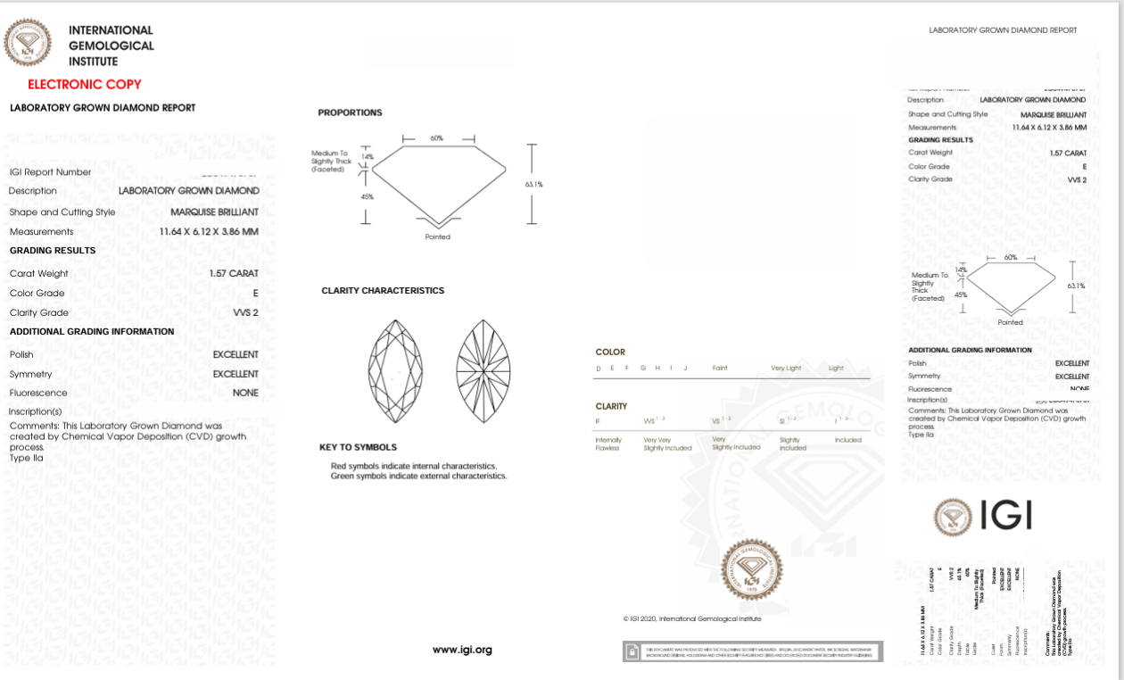 DME86 - X-112-151 Marquise Diamond IGI Lab-Grown  1.57 carat