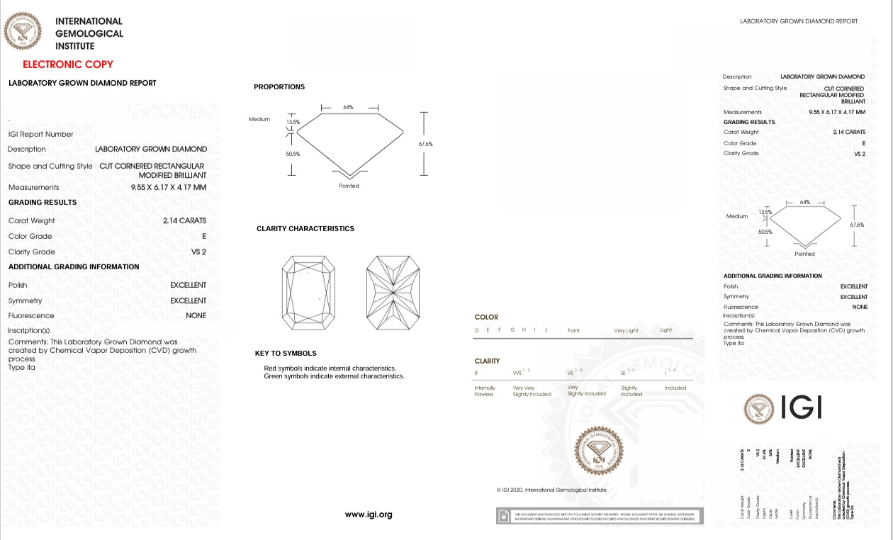 DRT88 - X-92-318 Radiant Diamond IGI Lab - Grown 2.15 Carat