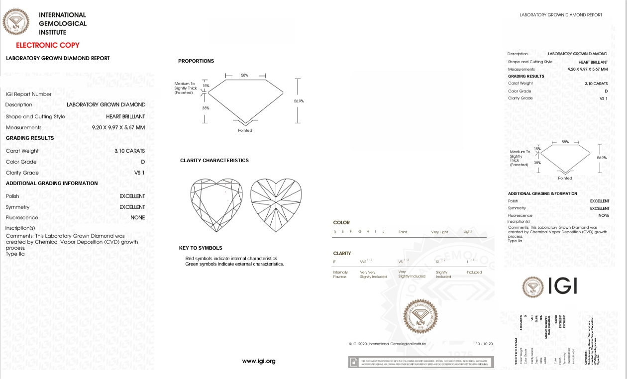 DHT8 - X-115-365 Heart Diamond IGI Lab- Grown  3.1 Carat