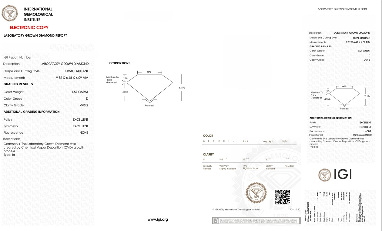 DO91 - X-117-1987 -  Oval Diamond IGI - Lab Grown 1.57 Carat