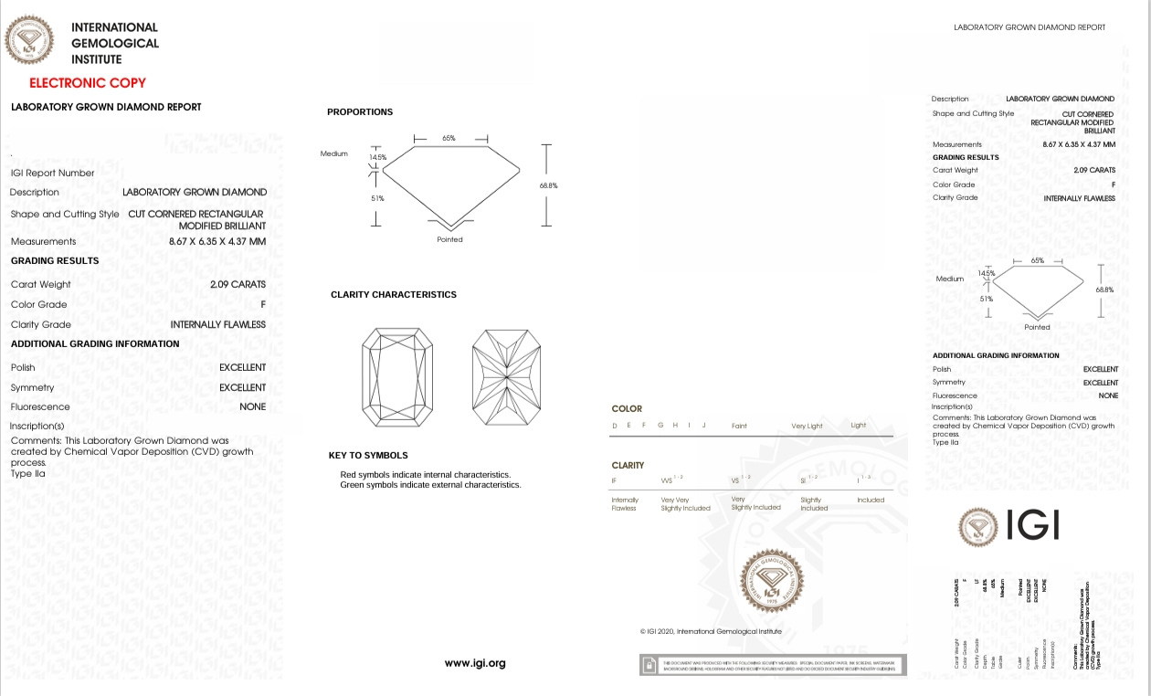 DRT93 - 85024-J Radiant Diamond IGI Lab - Grown 2.12 Carat