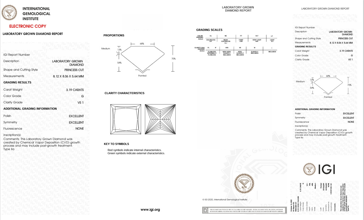 DPO9 - X-40-068 Princess Diamond IGI Lab - Grown 3.19 Carat